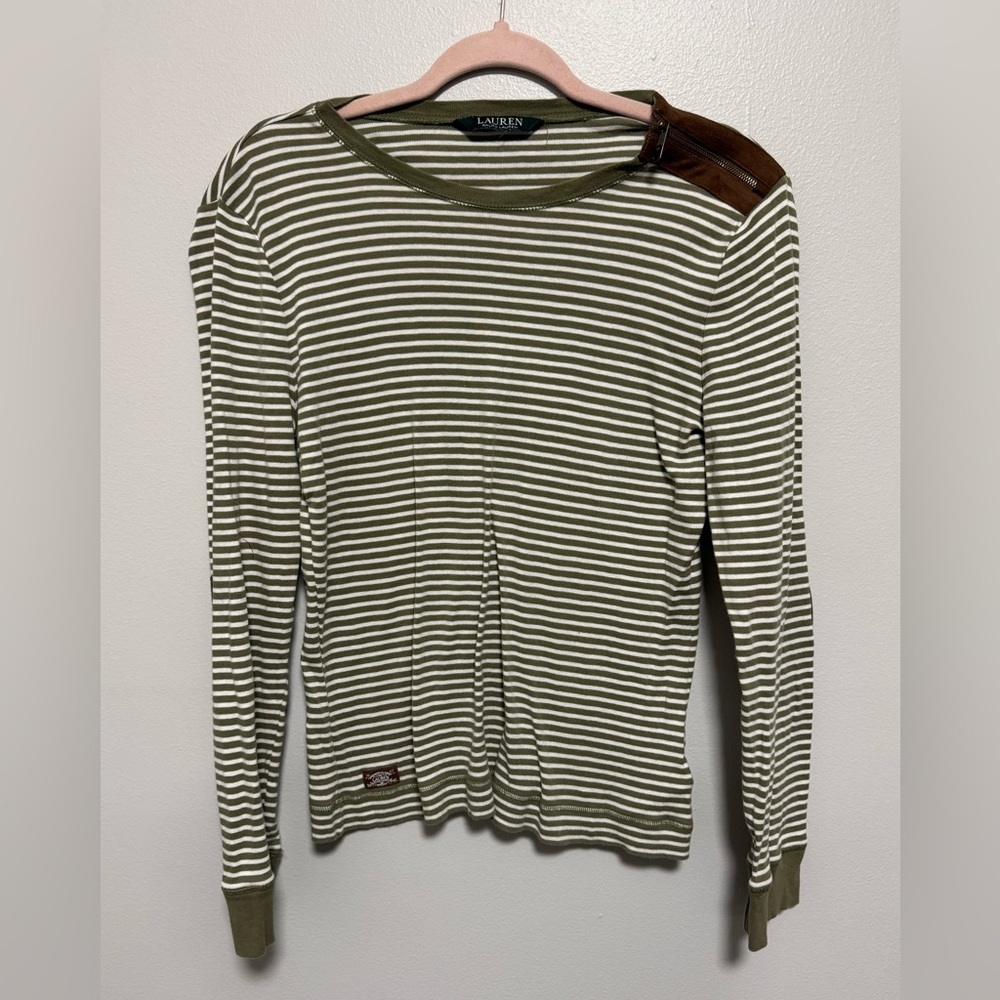 Lauren Ralph Lauren Olive & White Striped Long Sleeve Zipper & Elbow Pad Detail